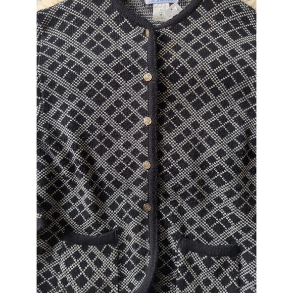 Vintage Tally-Ho Woman's M Knit Cardigan Sweater Black & White Argyle Print - Picture 3 of 9